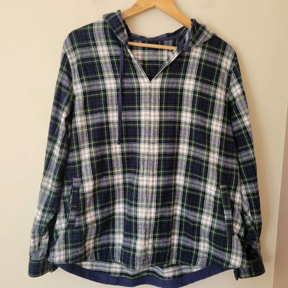 LL Bean Scotch Plaid Flannel Pullover Hoodie Navy And White Outdoor Grunge Large